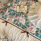 Qfdian Vintage French Flower Prints Ruffles Bow Princess Romantic Bedding Set 100% Cotton Duvet Cover Bed Skirt Bedspread Pillowcases