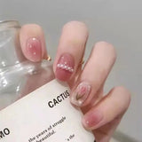 Qfdian 10Pcs Handmade Tulip Press On Nails Pink Blush Designed Fake Nails Short Ballerina False Nails with Pearl Full Cover Finger Tips