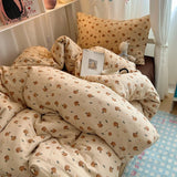 Qfdian  Bedding Set Double Layered Yarn INS Girls Mushroom Soft Washed Cotton Bed Sheet Queen King Size Duvet Set Pillowcase Bed Sheet