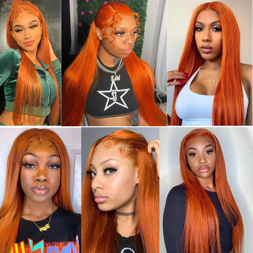 Qfdian 13x6 Straight Ginger Orange Lace Frontal Wigs Human Hair 30 32 36 Incn 13x4 Transparent Lace Front Wigs For Women 200 Density