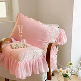 Qfdian 2Pcs Pink White Rose Embroidery Lace Ruffles Pillowcases Cotton Pillow Cover Sweet Princess Decor Bedroom Decorative Pillowslip