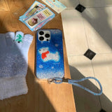 Qfdian Winter scarf puppy shiny fundas for iphone 15pro 14promax 13 15 16 14 pro max 13promax blue gradient anti-fall rope phone case