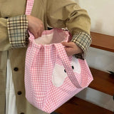Qfdian Sweet Y2k Aesthetic Kawaii Plaid Shoulder Bags All Match Women Drawstring Casual Handbags New Fashion Grunge Canvas Underarm Bag
