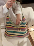 Contrast Color Rainbow Striped Women Top-Handle Bags Fashion Y2k Sweet Shoulder Underarm Bag Casual Shopping Purses and Handbags