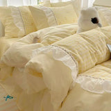 Qfdian  Fashion Lattice Bedding Set Bed Sheet Cute Princess AB Double Sided Ruffle Flower Quilt Cover Pillowcase Bedclothes Home Textile