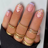 Qfdian 24Pcs Shiny Pearl Wearable False Nails Short Square Fake Nail Simple Summer Press on Nails Detachable Full Cover Nail Tips