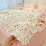 Qfdian  Korean Ruffle Polka Dot Duvet Cover Set for Girls Cute Soft Washed Cotton Bedding Set with Pillowcases Sheet Queen Size