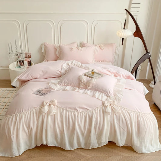 Korean Style Princess Lace Bow Bedding Set Pink Sweet Girl Chiffon Ruffles Duvet Cover Bed Sheet Pillowcase Wedding Home Textile