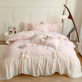Qfdian  Korean Style Princess Lace Bow Bedding Set Pink Sweet Girl Chiffon Ruffles Duvet Cover Bed Sheet Pillowcase Wedding Home Textile
