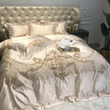 Qfdian Royal Golden Embroidery European Palace Luxury Bedding Set Champagne Brocade Egyptian Cotton Duvet Cover Bed Sheet Pillowcases