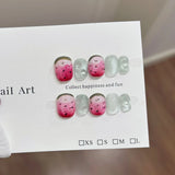 Qfdian  10pcs 3D Strawberry Bow Press on Nails Sweet Cute Square False Nails Flowers Pearl Stick on Nails Cat Eye French Fake Nail Art