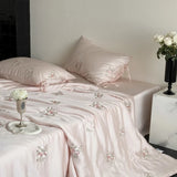 Qfdian 60S Lyocell Bamboo Fiber Flower Embroidery Summer Quilt Bedding Set Soft Silky Thin Comforter Blanket With Bed Sheet Pillowcases