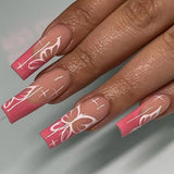 Qfdian 24Pcs Extra Long Square Fake Nail with Glue 3D Little Bear Bow Design False Nails White French Press on Nails Wearable Manicure