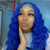 Qfdian Blue Wig Long Blue Curly Wig Synthetic Lace Front Wig Glueless Wigs Ready to Wear Water Wave Deep Curly Wigs for Women Party