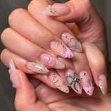 Qfdian  24pcs Press on Fake Nails Set Almond Wearable Simple French Flower False Nail Art Gold Beads Design Diamond Manicure Tips