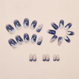 Qfdian  24pcs Smudging Blue False Nails Gentle Almond Gold Star Patterns Press On Nails Romantic Wearable Fake Nail Spicy Girl Manicure