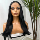 Qfdian Long Black Wig Synthetic Lace Front Wig Natural Wavy Jet Black Long Straight Hair 13x4 Frontal Colored Wigs for Women Daily