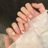 Qfdian  10pcs Sweet Short Oval Fake Nail Patches Hand-painted 3D Pink Strawberry Flower Press On Nails Spring Summer Fresh Handmade Nail