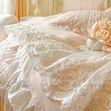 Qfdian 4/6Pcs Pink Princess Wedding Lace Embroidery Korean Style Bedding Set King Queen Size Duvet Cover Bed Skirt Bedspread Pillowcase
