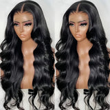 Qfdian Jet Black Loose Body Wave Wig Synthetic Lace Front Wig Long Curly Wavy Natural Colored Hair 13X4 Frontal Wigs for Women Daily