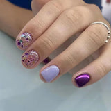 Qfdian 24Pcs Simple False Nails with Glue Short Almond Fake Nails Glitter Aurora Round Head Full Cover Nail Tips Oval Press on Nails