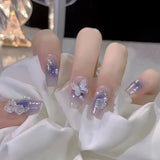 Qfdian 24Pcs Wearable Coffin Fake Nail Tips with Butterfly Camellia Designs Red Long Ballerina False Nails Press on Nails Art Manicure