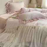 Qfdian French Lace Ruffles Princess Wedding Bedding Set Pure Cotton Double Layer Yarn Soft Duvet Cover Flat/Fitted Bed Sheet Pillowcase