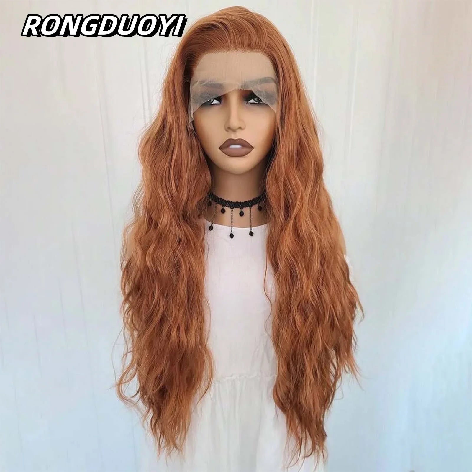 Qfdian 13X4 Ginger Orange Long Curly Synthetic Lace Front Wig Natural Wavy Auburn Brown Colored Hair Lace Frontal Wig for Women Party