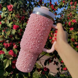 Qfdian  Diamond Thermos Cup With Handle 304 Stainless Steel Vacuum Flasks Portable Car Coffee Cup Insulated Thermal Water Bottles