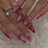 Qfdian 24pcs French Press on Nails Art Simple Pink Flower Star Design False Nail Tips Finished Mid-length Almond Fake Nail Set Manicure