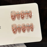 Qfdian  10pcs Handmade Glitter Pink Press on Nails Shiny Bow Diamond Design False Nails Wearable Sweet French Cat Eye Fake Nail Tips
