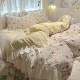 Qfdian  Floral print Korean style Princess Lace Bedding Set Duvet Cover Set Washed Cotton Flat Sheet set Queen For Girl Decor Home