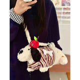 Qfdian Japanese Fluffy Cartoon Striped Dog Shoulder Bag Kawaii Sweet Fashion Women's Handbags Y2k Aesthetic Cute Crossbody Bags Trendy