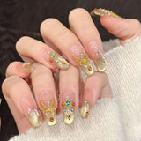 Qfdian  10pcs Handmade Luxury Press On Nails With Glitter Rhinestones Decor French Fake Nails Pink Gold Gradient Glitter False Nail Art