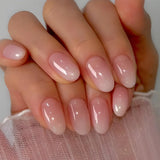 Qfdian 24pcs Simple Almond False Nails Sets Blush Design Press on Nails Art Datachable Short Oval Fake Nail with Jelly Glue Manicure