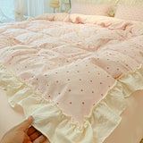 Qfdian  Korean Ruffle Polka Dot Duvet Cover Set for Girls Cute Soft Washed Cotton Bedding Set with Pillowcases Sheet Queen Size