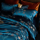 Qfdian 22 Momme Natural Mulberry Silk Luxury Bedding Set Yarn-dyed Jacquard Silk Cotton Duvet Cover Flat Sheet With Pillowcases 4Pcs