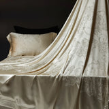 Qfdian 4Pcs Champagne Silk Damask Jacquard Egyptian Cotton Patchwork Luxury Bedding Set Duvet Cover Flat/Fitted Bed Sheet Pillowcases