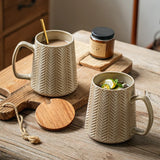 Qfdian  Vintage Relief Coffee Cup 760ml High-capacity Drinkware Ceramic Mug Spoon with Lid Household Water Cups Fathers Day Gift