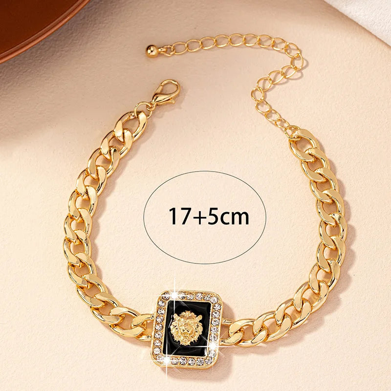 Fashion Luxury New Women's Gold Color Lion Head Bracelet Female Punk Gothic Rhinestone Trendy Jewelry Gifts