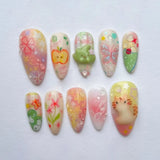 Qfdian 24pcs Wearable False Nail Strawberry Bow Design Nails Tips Red Short Almond Pearl Starlight Fake Nail Art Flower Press on Nails