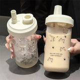 Qfdian  New Plastic Water Bottle For Girls With Straw Lid Bubble Milk Tea Plastic Cup Simple Outdoor School Straw Drinking Water Bottles