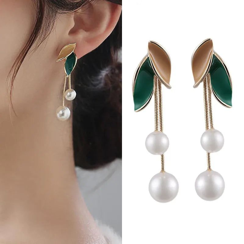 2024 New Fashion Trend Unique Design Elegant Delicate Light Luxury Pearl Leaf Tassel Earrings Women Jewelry Party Premium Gifts