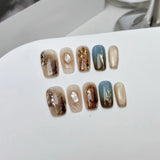 Qfdian  10pcs Amber Cat Eye Press on Nails Gold Glitter Fake Nails Vintage Autumn Winter Short Square False Nails Brown Gradient Nail