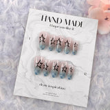 Qfdian  24pcs Blue Plaid Gradient Fake Nails Phototherapy French Tips Y2k Style Press On Nails Long Almond Cool Stars False Nail Patches