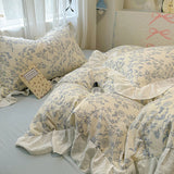 Qfdian  Floral print Korean style Princess Lace Bedding Set Duvet Cover Set Washed Cotton Flat Sheet set Queen For Girl Decor Home