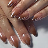 Qfdian  24pcs Short Almond Sweet Cool Press on Nails Glitter French Nail Art 3D Metal Star Stick on Nails Brown Gradient Rhinestone Nail