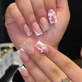 Qfdian 24Pcs French Pink Press on Nails Short Square Head Fake Nails with Flower Rhinestone Design Wearable Finished False Nail Tips
