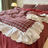 Qfdian  Plaid Bedding Set Vintage Lace Ruffles Duvet Cover Set Flat Sheets Set 2 Pillowcases Single Twin Full Queen Size Bed Set 3/4Pcs