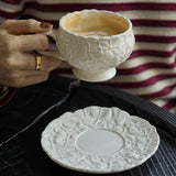 Qfdian  French Cream Relief Coffee Cups Set  Cafe Afternoon Tea Coffee Cups Retro Cappuccino Flower Patterned Cup Unique Creativity Gift